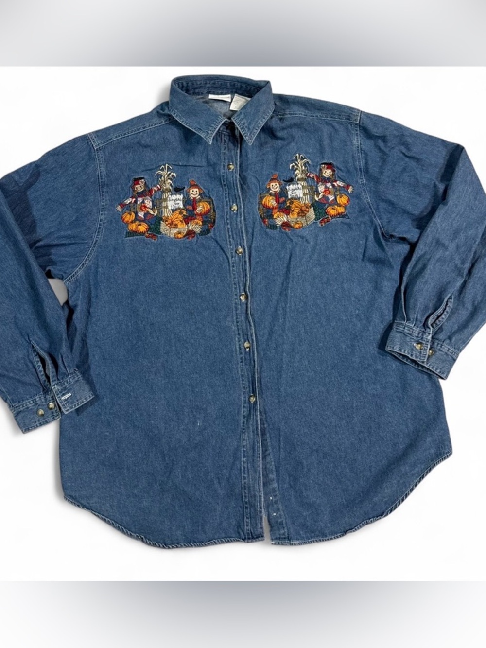 Vintage Bobbie Brooks blue denim button up shirt with scarecrow embroidery.